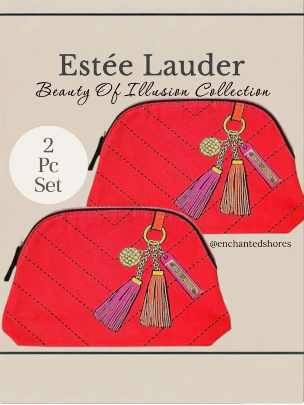 RARE Estée Lauder Beauty Illusion Makeup Bag Set 2 Pc Red Tassel Limited Edition